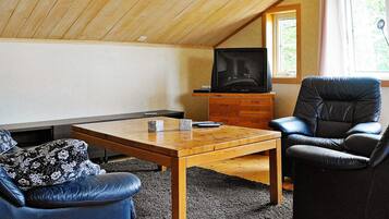 A cozy living room with a wooden ceiling, a television on a wooden stand, a leather armchair, a sofa with patterned cushions, and a small table with remote controls.