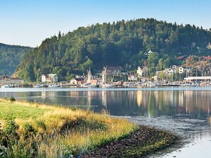 Une ville au bord d’un lac, avec des bâtiments, des bateaux et une colline boisée en arrière-plan.