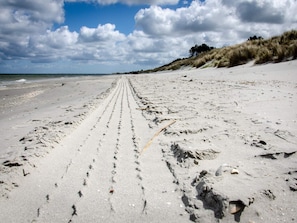 Ein sandiger Strand mit Spurren, die zum Wasser führen, ein klarer Himmel und Dünen im Hintergrund.