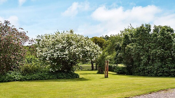 A well-maintained garden with a gravel path, lush green grass, and a variety of flowering trees.