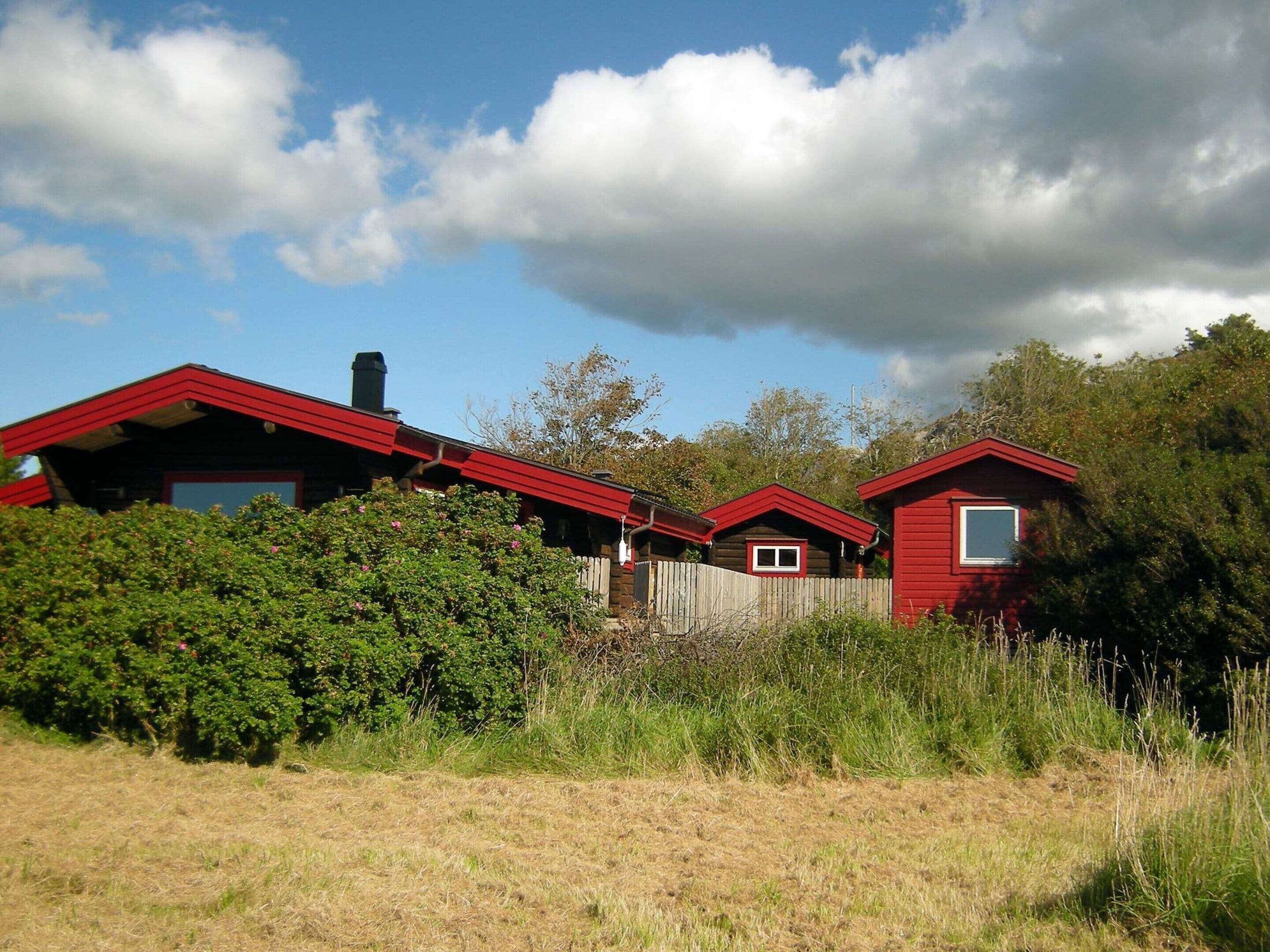 A row of red cabins with a wooden fence in front, set in a grassy field with trees in the background.