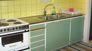 A kitchen with a stove, sink, and green cabinets.