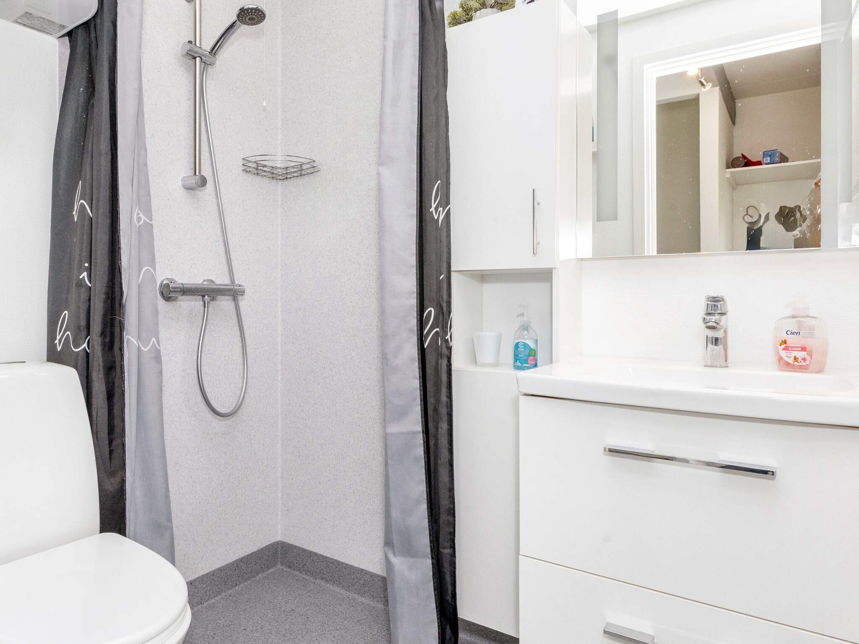 Un bagno con doccia, WC e un mobile lavabo con specchio.
