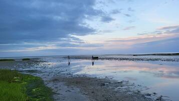 A beach with two people walking, calm water, and a cloudy sky.