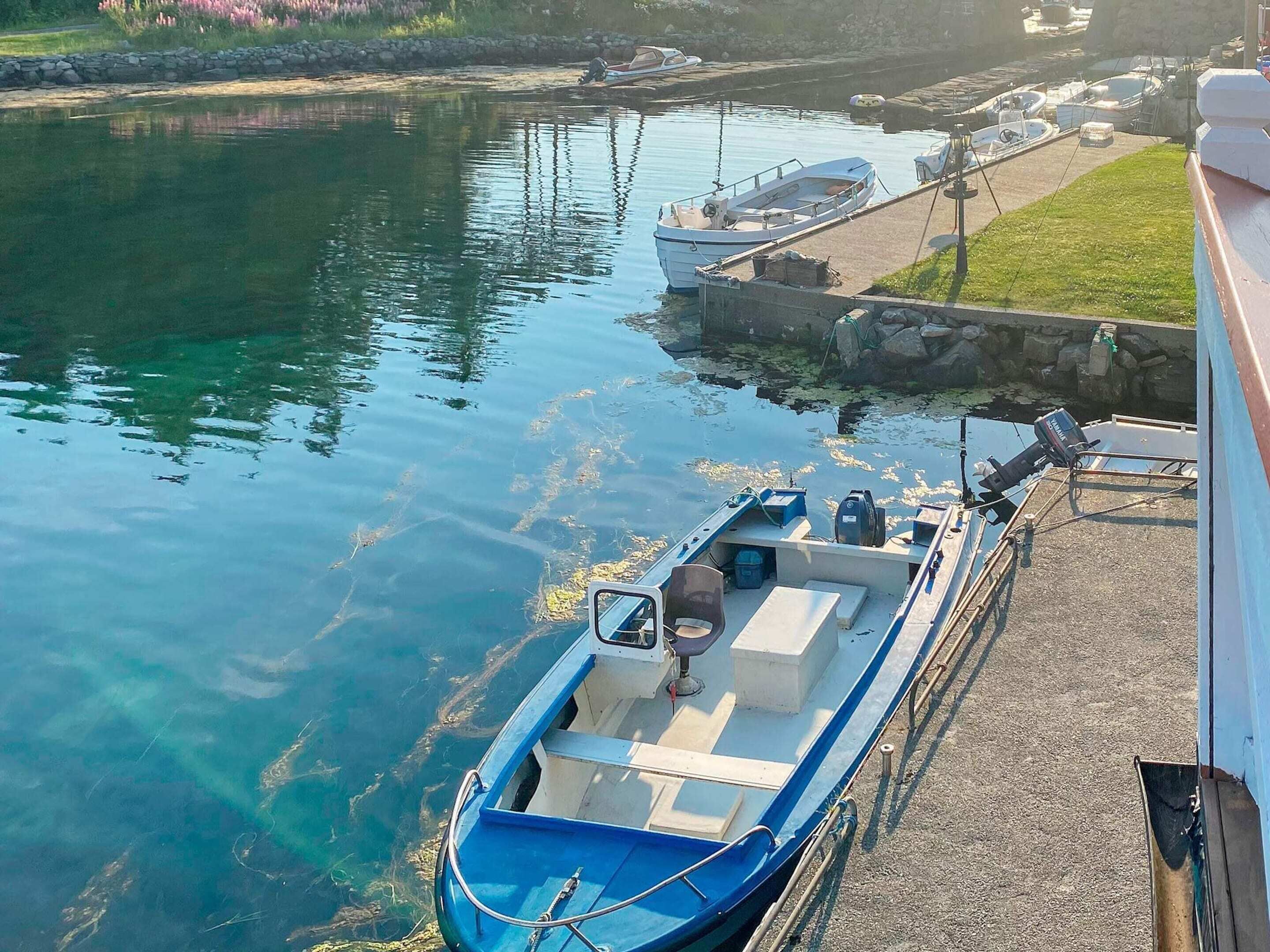 Un barco amarrado en un puerto deportivo, con una vía fluvial despejada, una zona verde con flores y un muro de piedra.