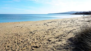 Ein sandiger Strand mit Fußabdrücken und vereinzelter Vegetation.