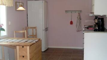 A compact kitchen with a refrigerator, a wooden dining table, and a hanging light fixture.