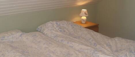 A single bed with a floral-patterned blanket in a room with a sloped ceiling and a nightstand with a lamp.