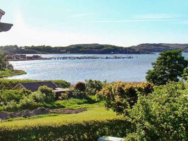 A lakeside view with a dock extending into the water, surrounded by greenery and buildings.