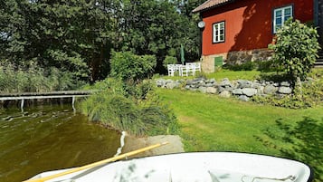 A lakeside property with a red house, a dock, and a small boat.