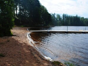 Un paisaje natural con un sendero de tierra que lleva a una masa de agua tranquila, rodeada de bosque denso.