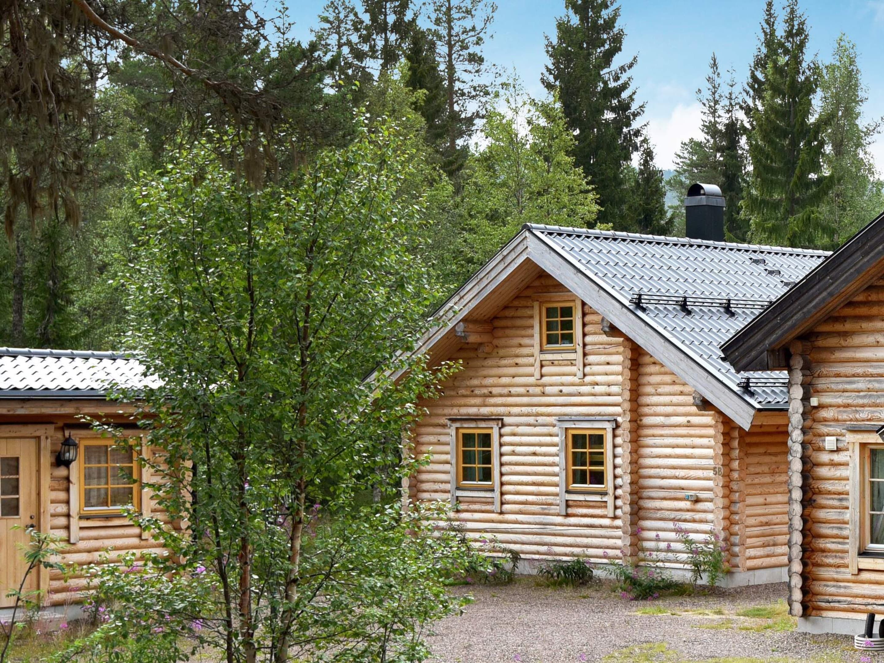 A log cabin with a pitched roof, multiple windows, and a chimney.