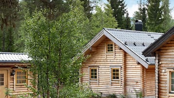 A log cabin with a pitched roof, multiple windows, and a chimney.