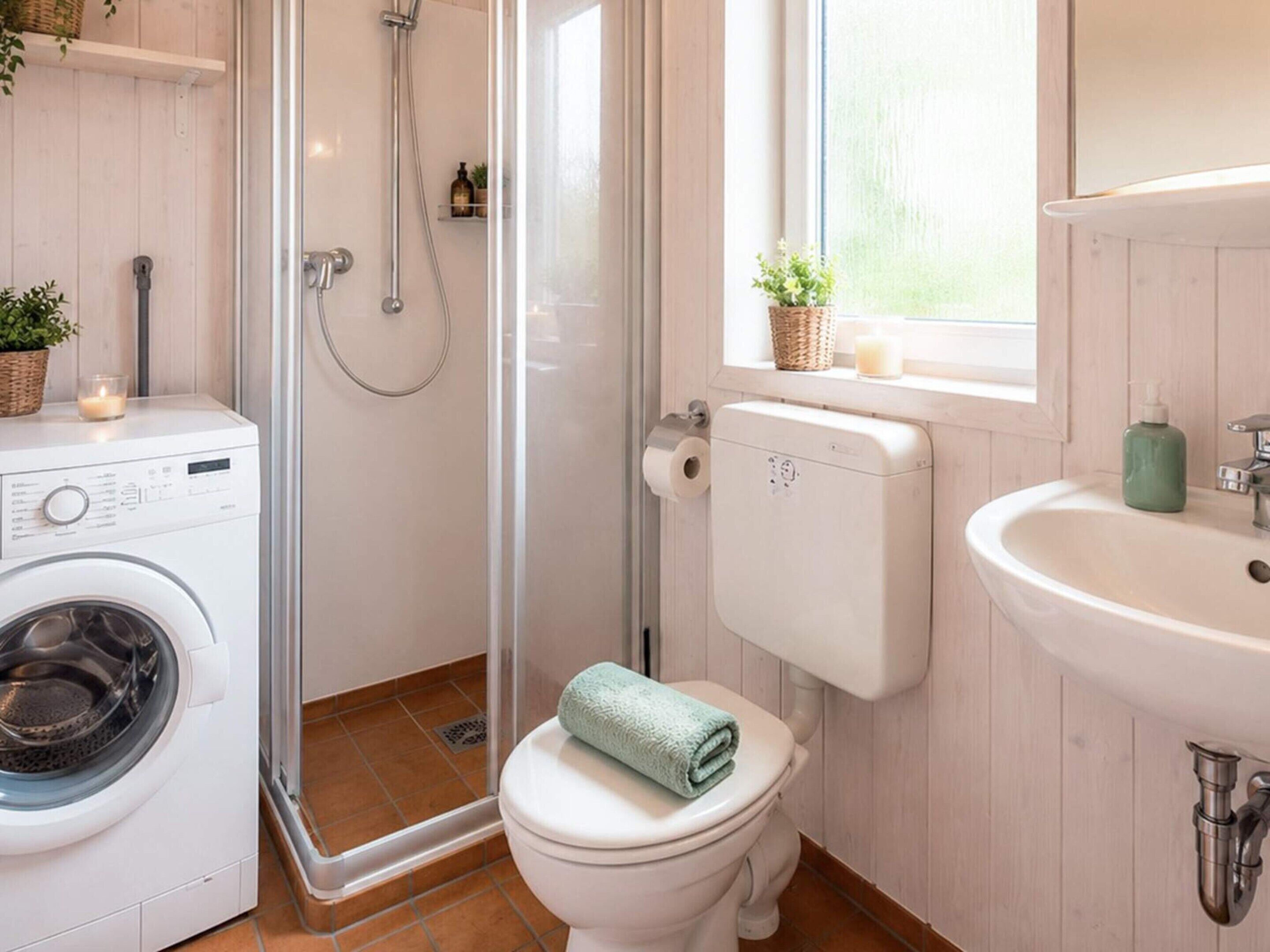 A bathroom with a washing machine, toilet, shower, sink, and a window with plants.