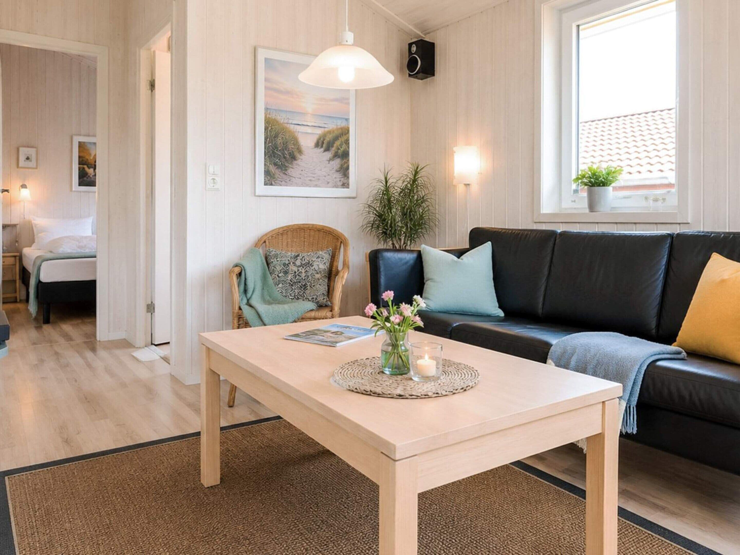 Een moderne woonkamer met een houten salontafel, een zwarte leren bank, een rieten fauteuil en een ingelijst schilderij aan de muur.