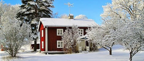 Een rode woning met een metalen dak, omringd door met sneeuw bedekte bomen en een heldere blauwe lucht.