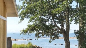 Vista sul lago con un molo, barche e un grande albero.