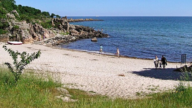 A beach with rocky terrain, clear blue water, and a few people walking along the shore. - 6 Person Holiday Home in Gudhjem-by Traum (Gudhjem)