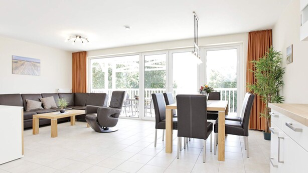 A modern living room with a sofa, coffee table, and dining area with chairs and a table. - Holiday Home in GroÃŸenbrode (Grossenbrode)