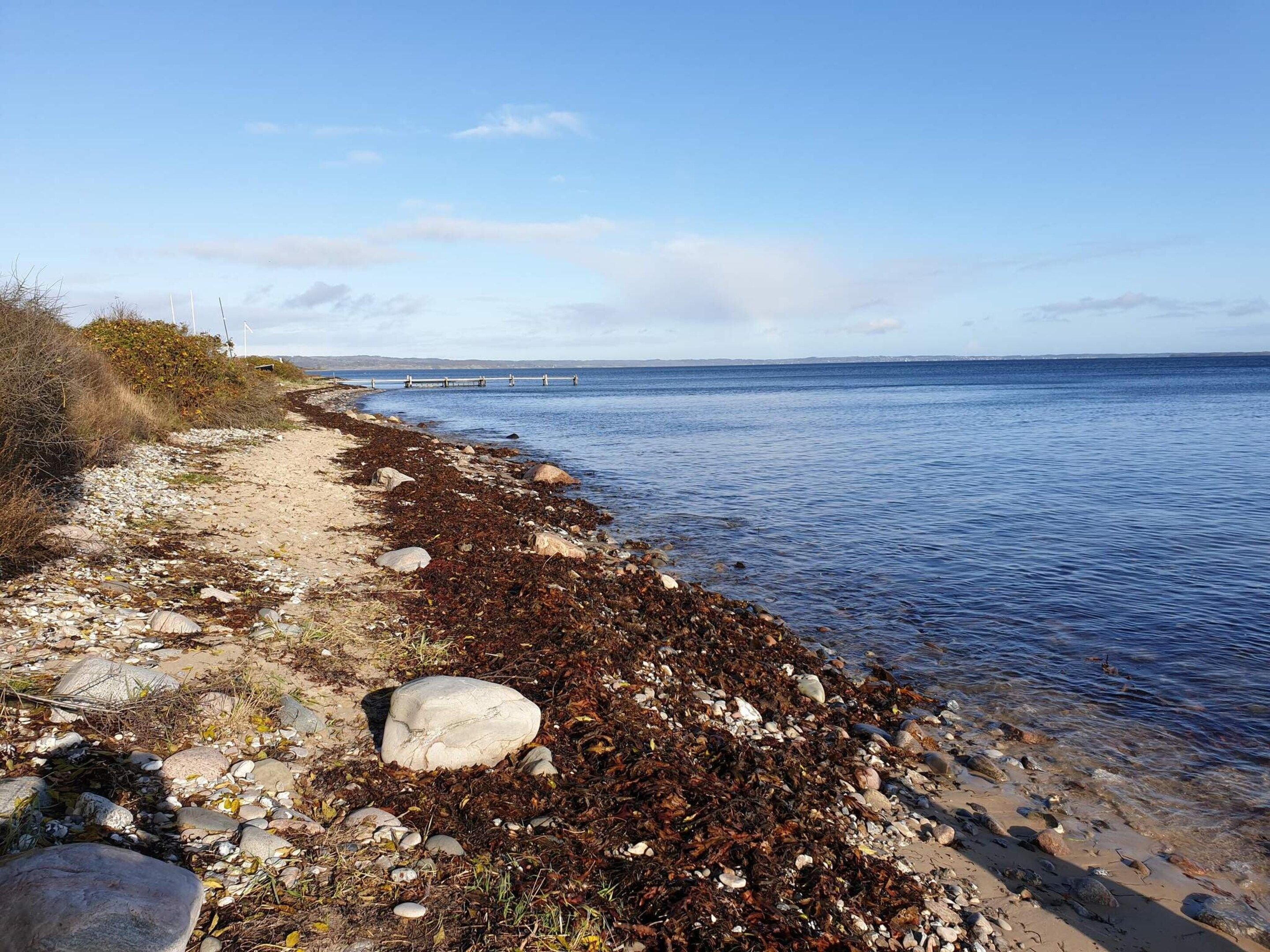 A coastal path with a rocky shoreline and a calm sea.