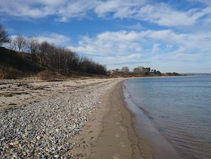 A pebbly beach with a clear sky and distant trees.