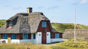 A traditional thatched-roof house with a white exterior and blue window frames, situated in a grassy field with a flagpole in the background. - 5 Person Holiday Home in Ulfborg (Ulfborg)