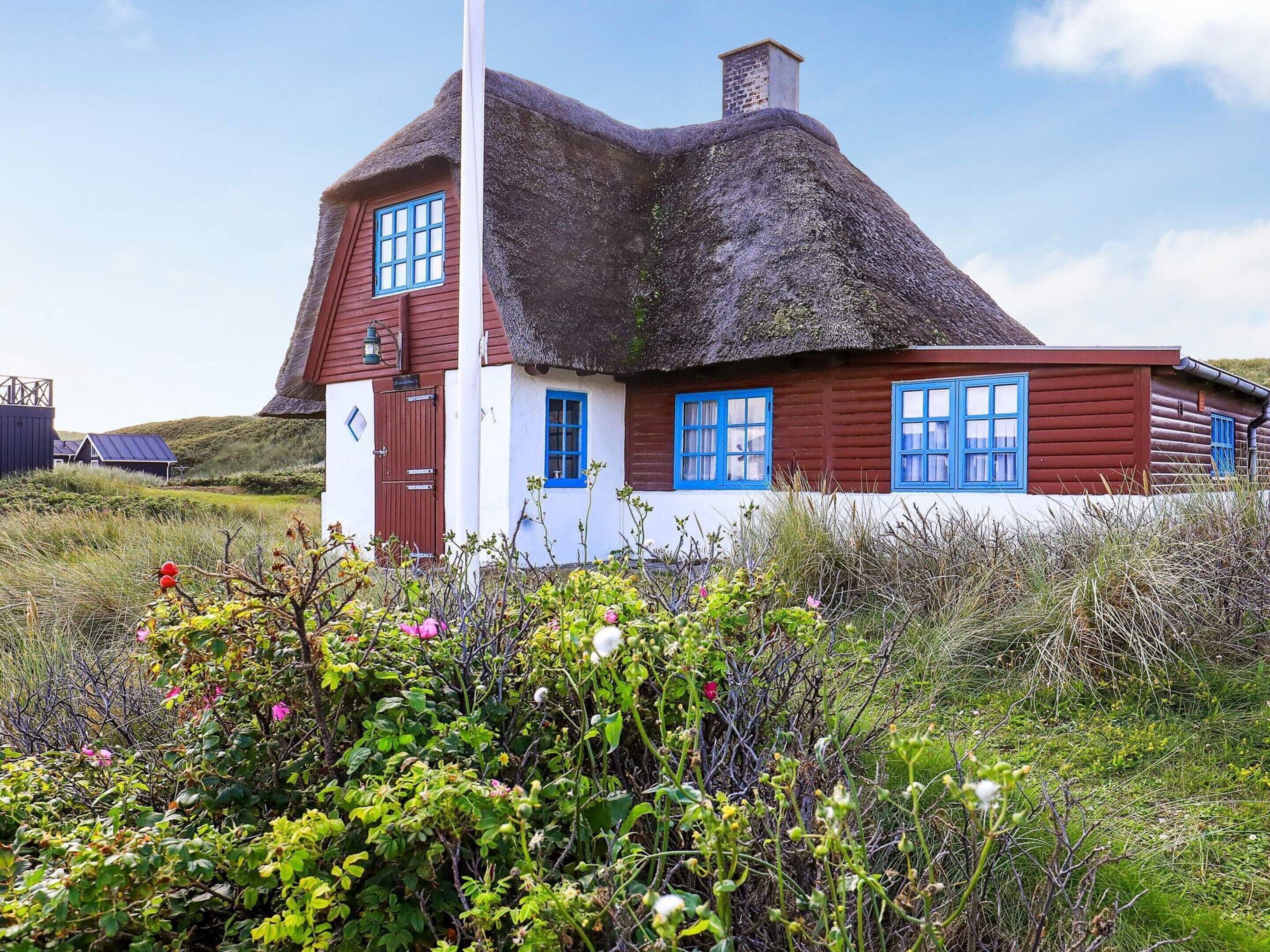 A traditional thatched-roof house with a white and red exterior, situated in a natural landscape with wildflowers.