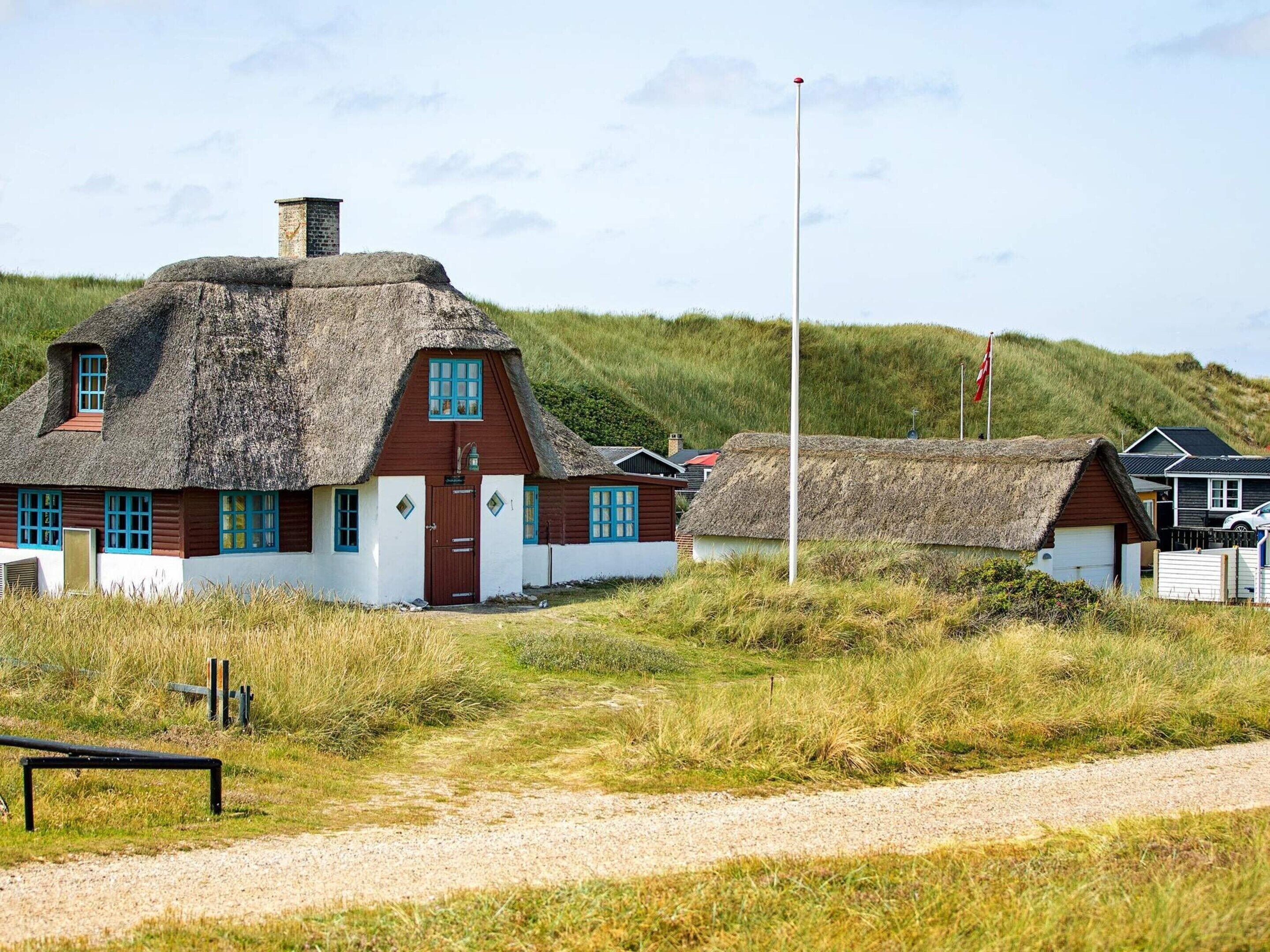 A traditional thatched-roof house with a wooden door and windows, surrounded by grassy terrain and a flagpole.