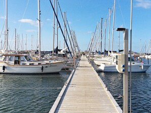 A marina with multiple boats docked along a wooden pier. - Holiday Home in Wendtorf (Wendtorf)