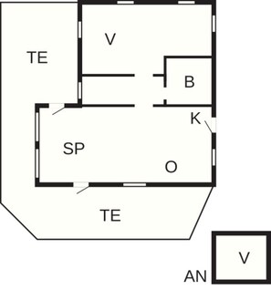 A floor plan with labeled rooms: TE, V, SP, B, K, O, and AN. - Sunlit Holiday Home in Funen near Sea (Otterup)