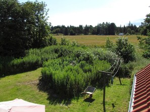 A garden with a wheelbarrow, a bench, and a red roofed structure.