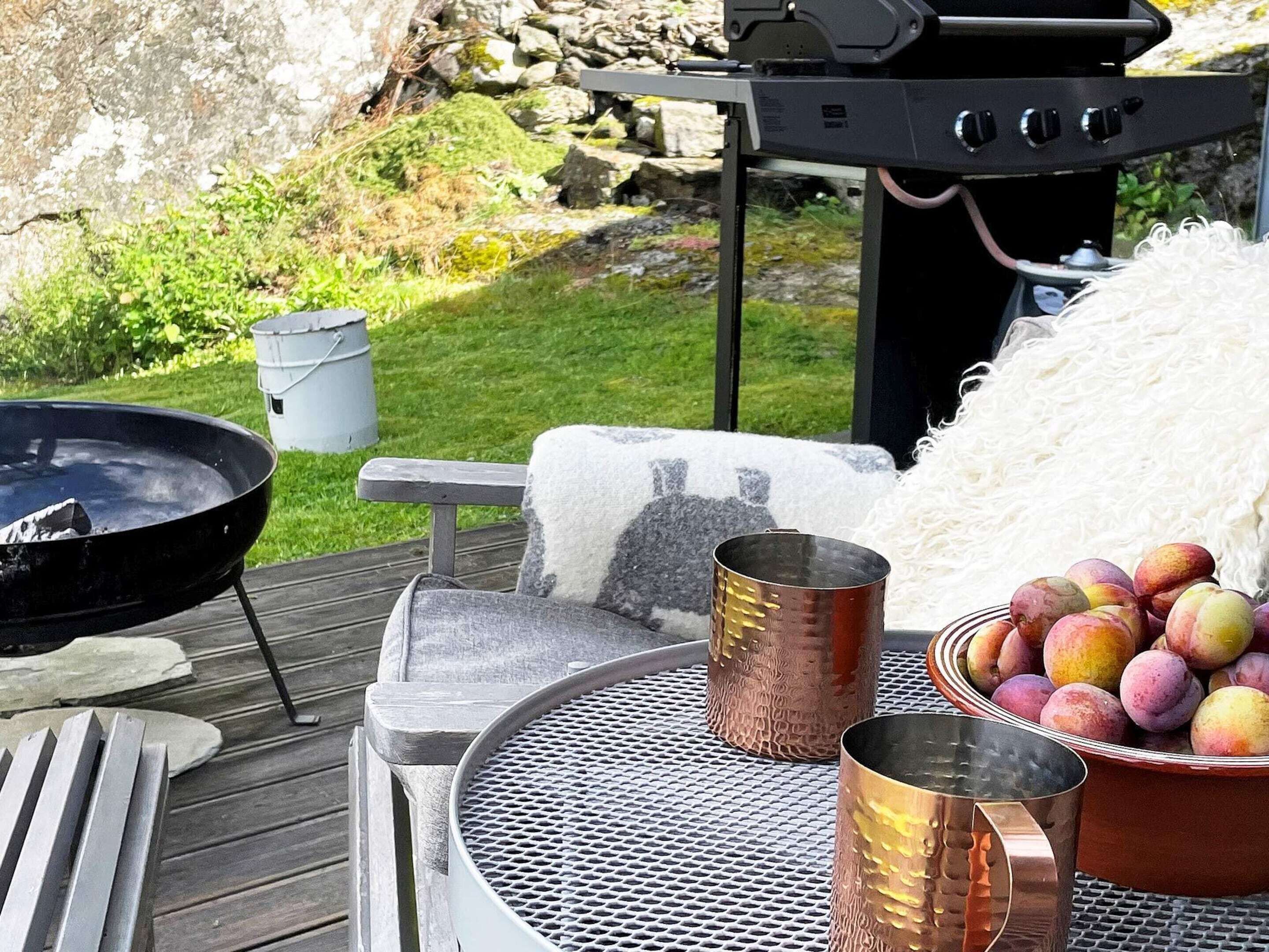 Una instalación de parrilla al aire libre con una mesa, una sartén y un tazón de fruta.