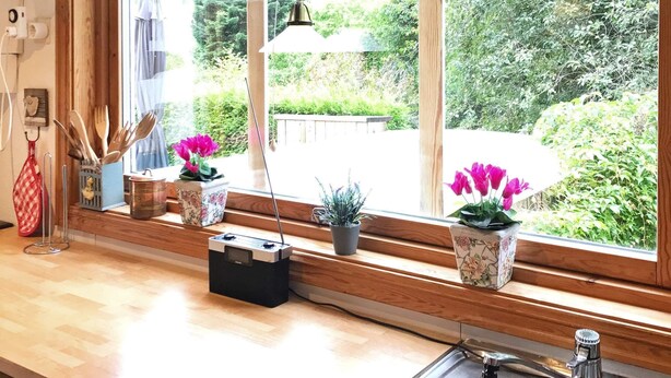 A kitchen with wooden countertops, a stainless steel sink, and potted plants on the windowsill. - 5 Person Holiday Home in Haverud-by Traum (Håverud)