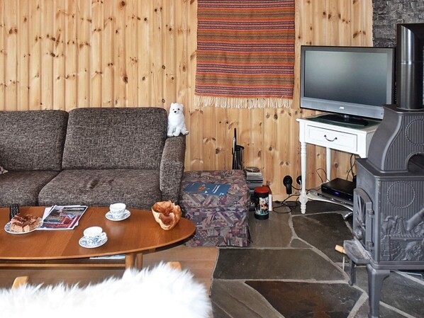 A cozy living room with a sofa, a coffee table with a magazine and a plate of food, a television, and a fireplace. - 4 Star Holiday Home in Rennebu (Rennebu)