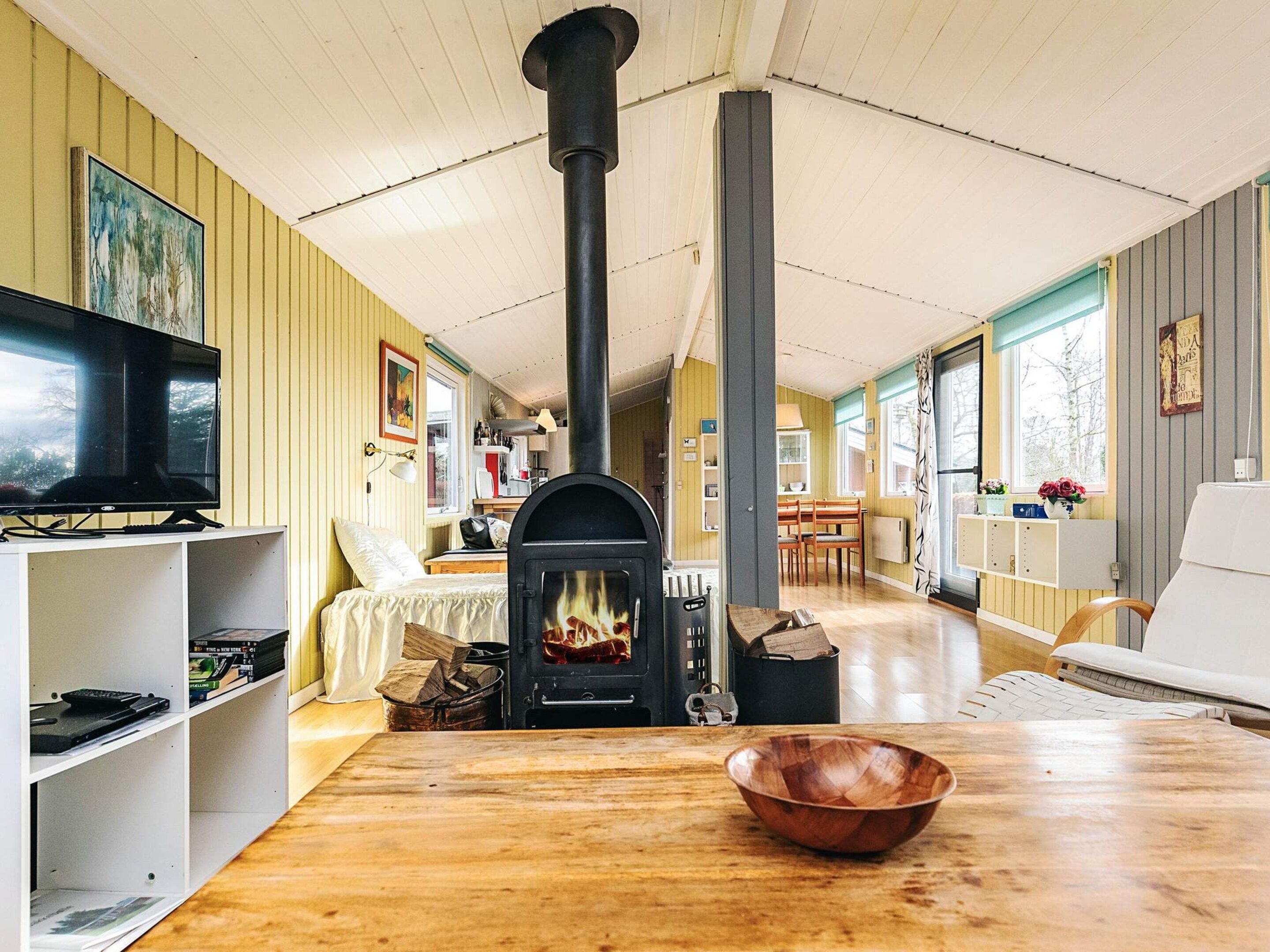Un salon chaleureux avec une cheminée, des meubles en bois et un téléviseur.