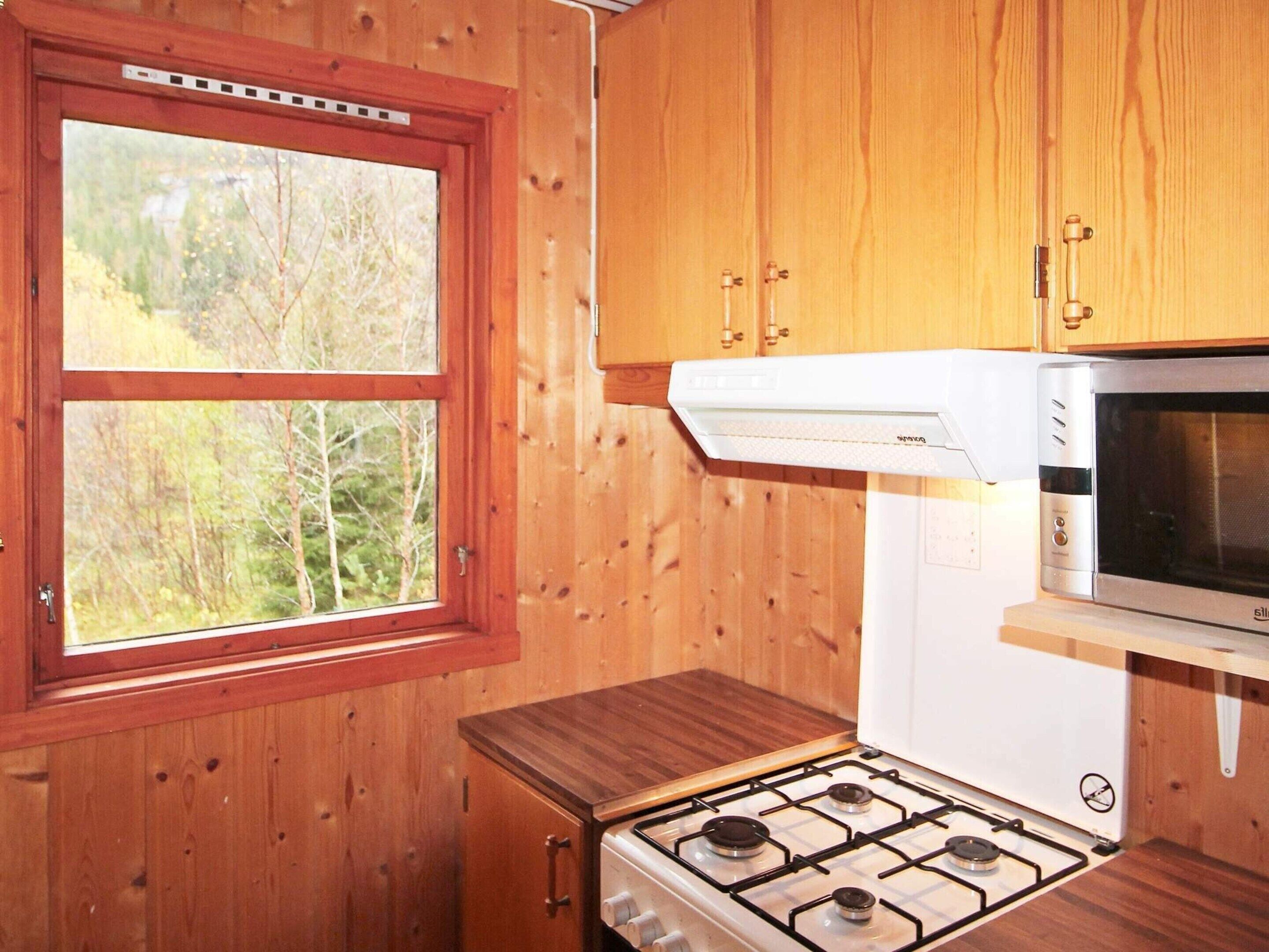 Une cuisine avec des meubles en bois, une cuisinière à gaz, un four à micro-ondes et une fenêtre donnant sur la forêt.