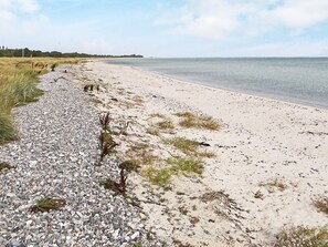 Una playa con piedras, vegetación escasa, cielo despejado y agua tranquila.