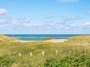 A coastal landscape with a grassy foreground, a wooden fence, and a clear view of the sea.