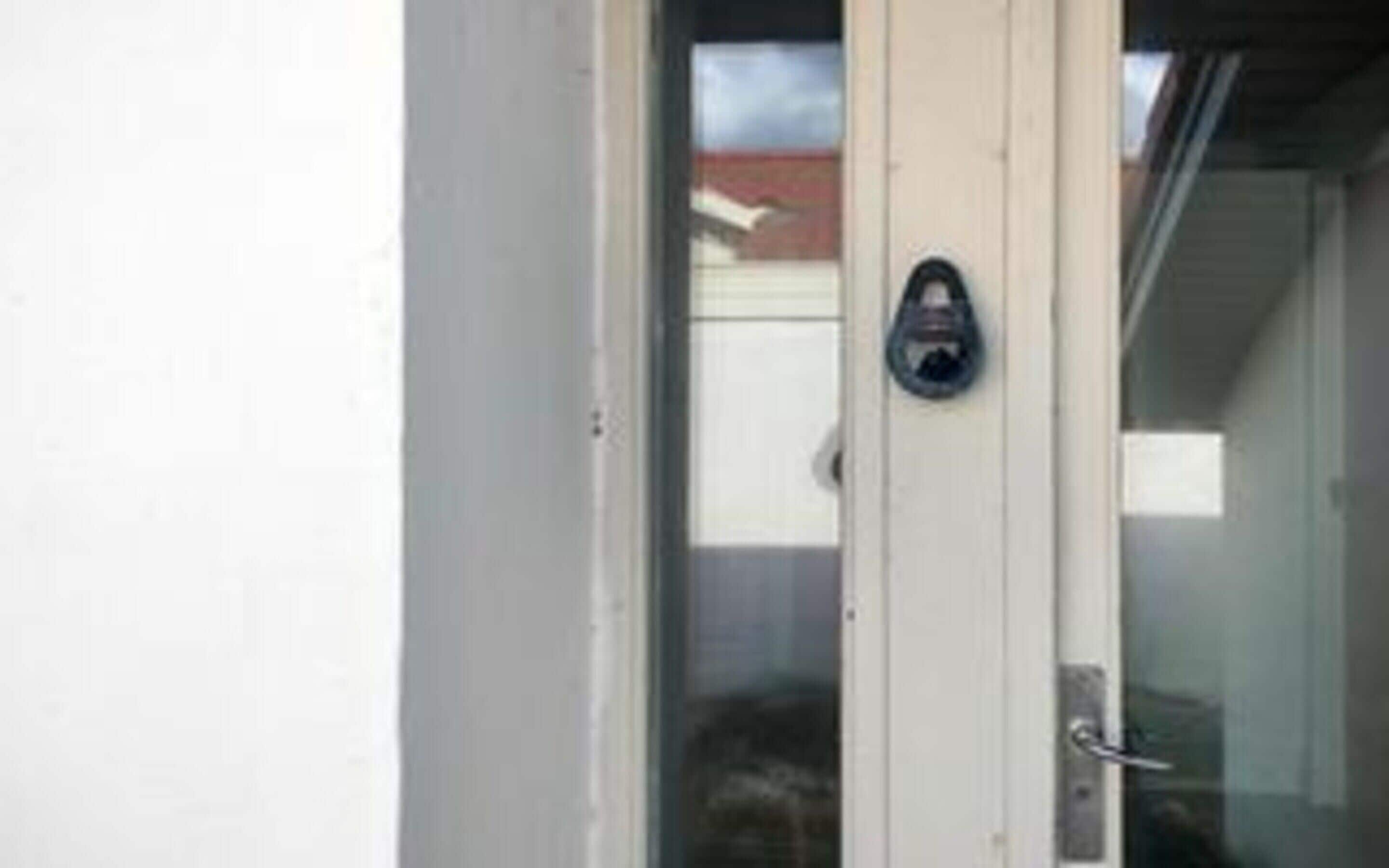 Una puerta con panel de vidrio y manija metálica.