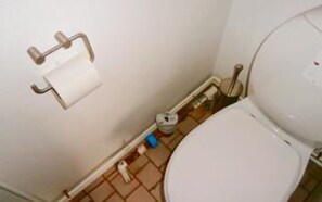 A small bathroom with a toilet, a toilet paper holder, and a visible pipe.