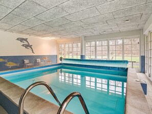 An indoor swimming pool with clear glass walls, a diving board, and a dolphin mural on the wall. - 5 Star Holiday Home in Frederiksvaerk (Frederiksvaerk)