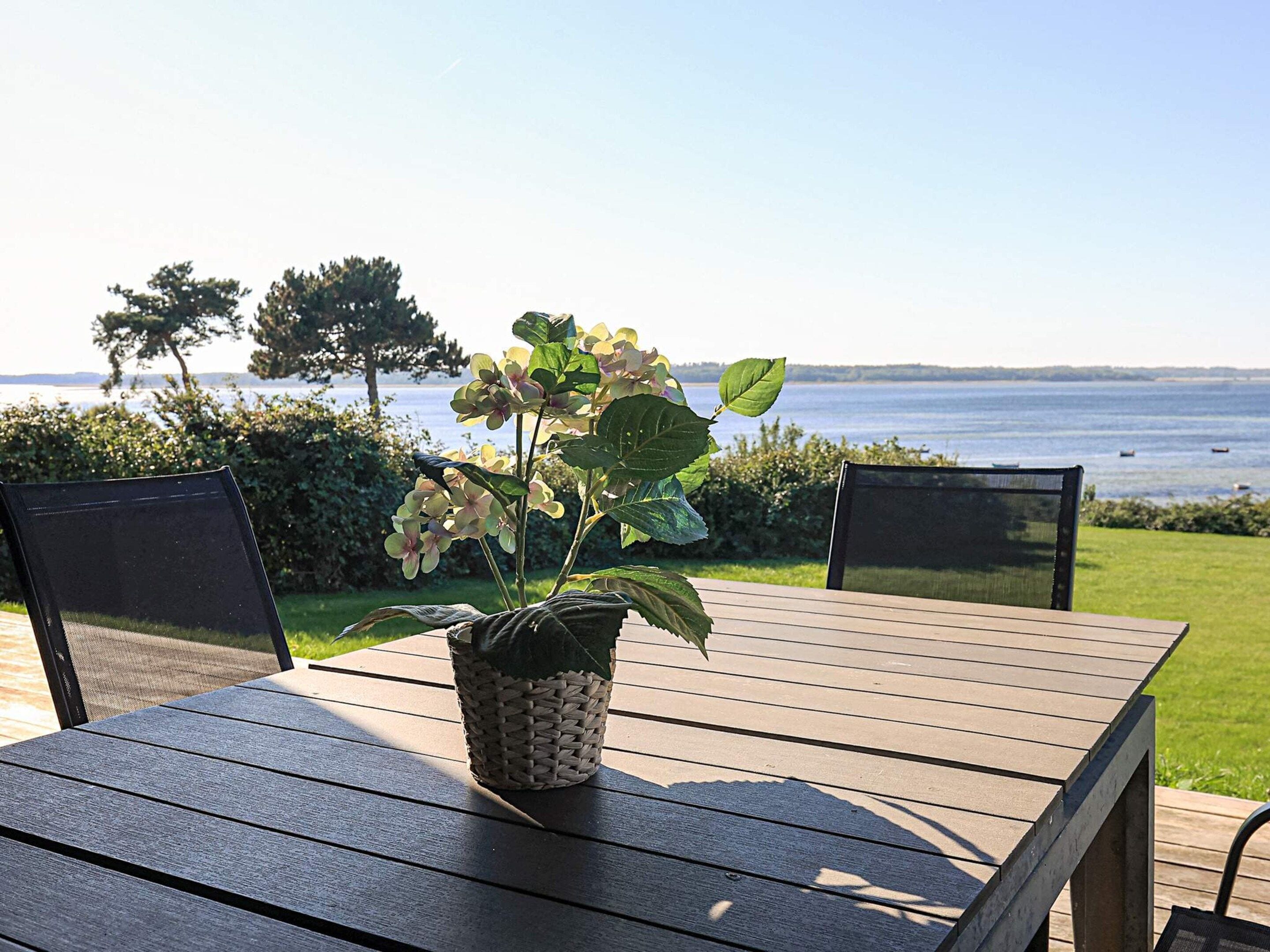 A wooden table with a woven basket containing a plant, two chairs, and a view of the sea.