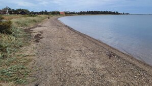 A sandy beach with a calm lake, a few houses in the background, and a clear sky.