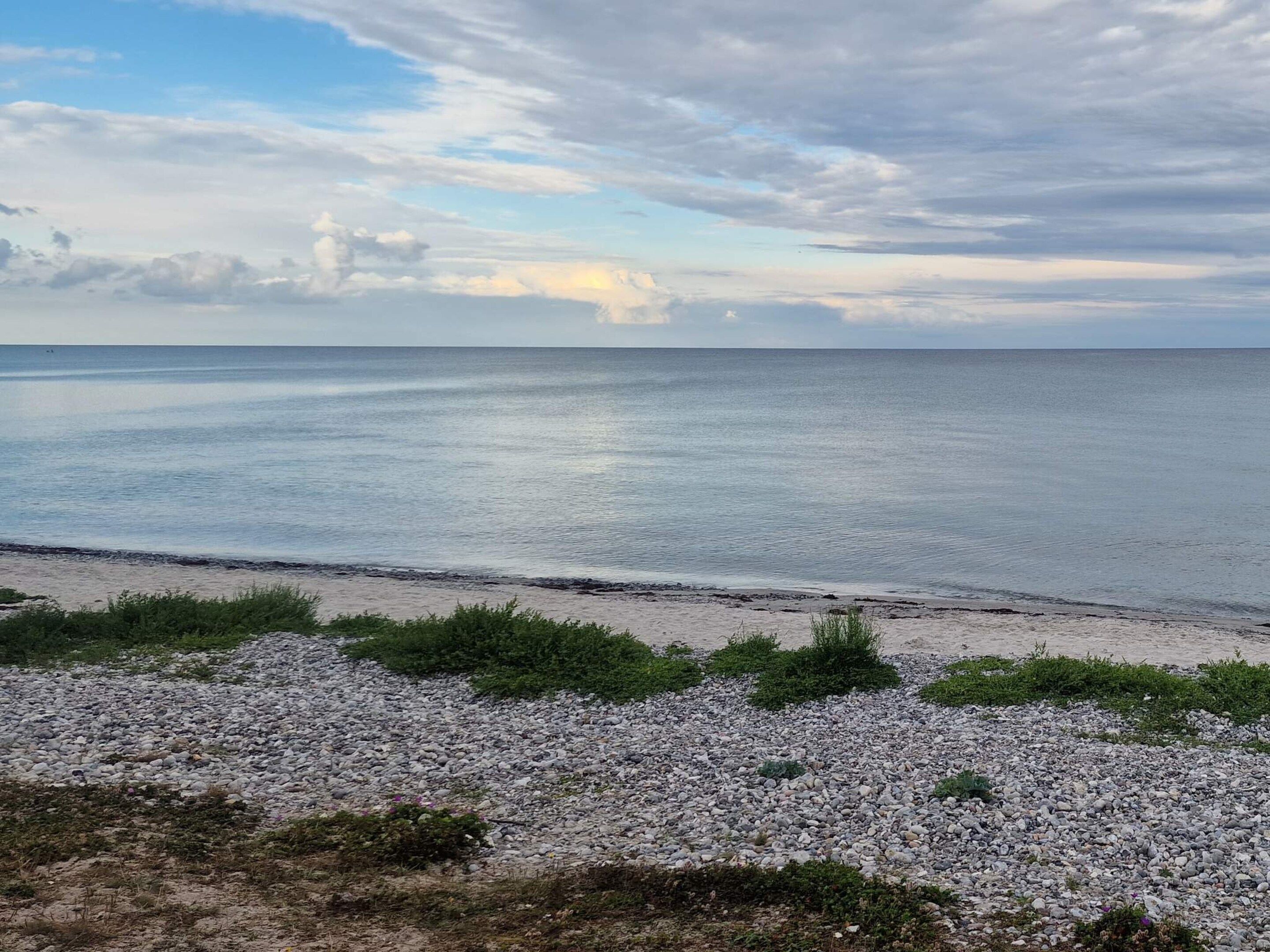 A beach with pebbles and sparse vegetation, leading to a calm sea under a cloudy sky.