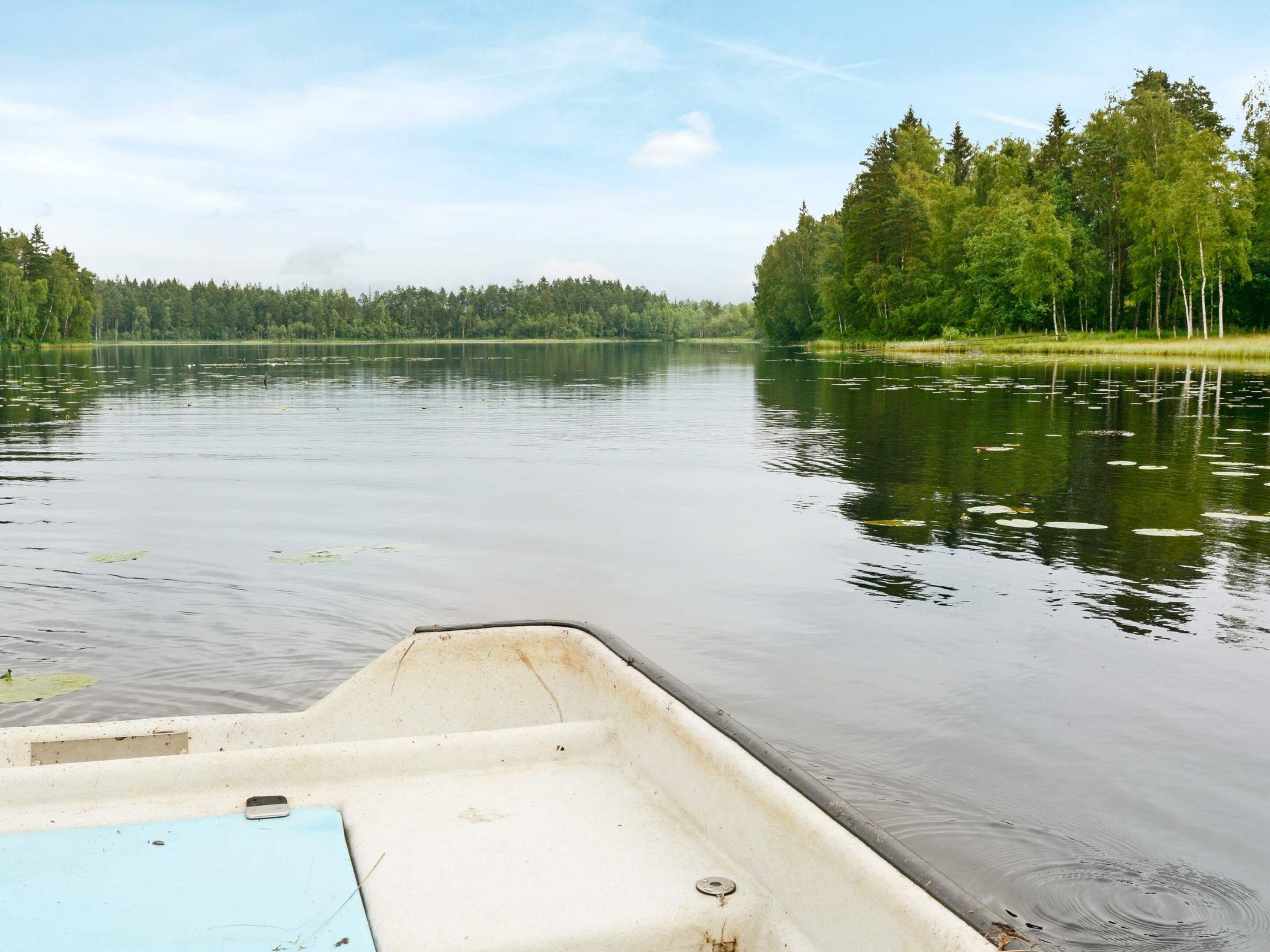 Un bateau sur un lac paisible, bordé d’une rive boisée.