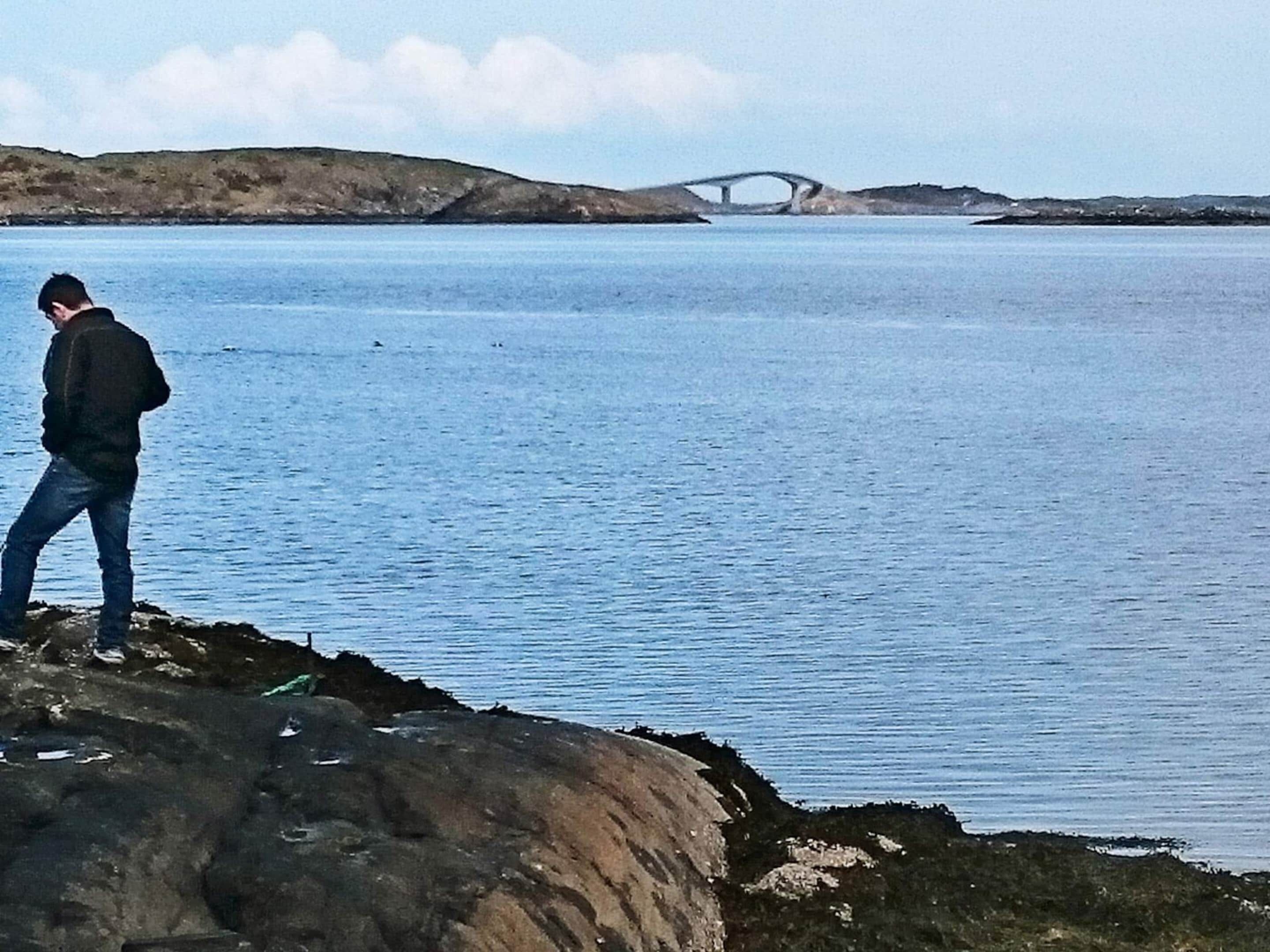 A person standing on a rocky shore by a calm body of water with a bridge in the background.