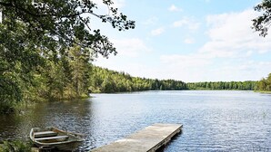 Ein ruhiger See mit einem hölzernen Steg, der sich ins Wasser erstreckt, umgeben von üppiger Vegetation.
