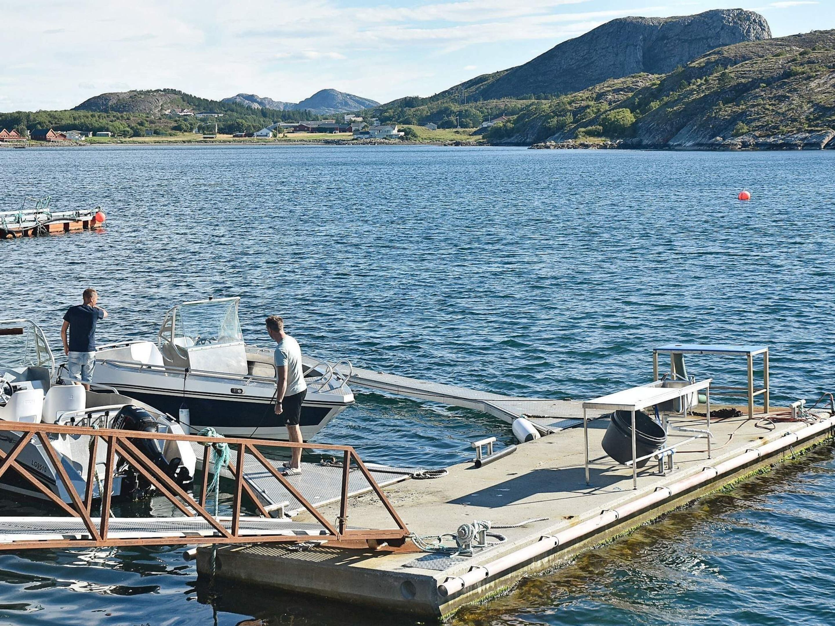 A dock with boats, a wooden pier, and a mountainous landscape in the background.