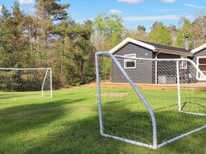 Ein durch einen Zaun abgegrenztes Fußballtor mit einem Haus im Hintergrund.