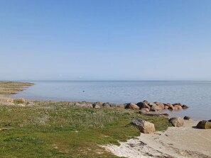 Eine Küstenlandschaft mit klarem Himmel, sandigem Strand und vereinzelten Felsen.